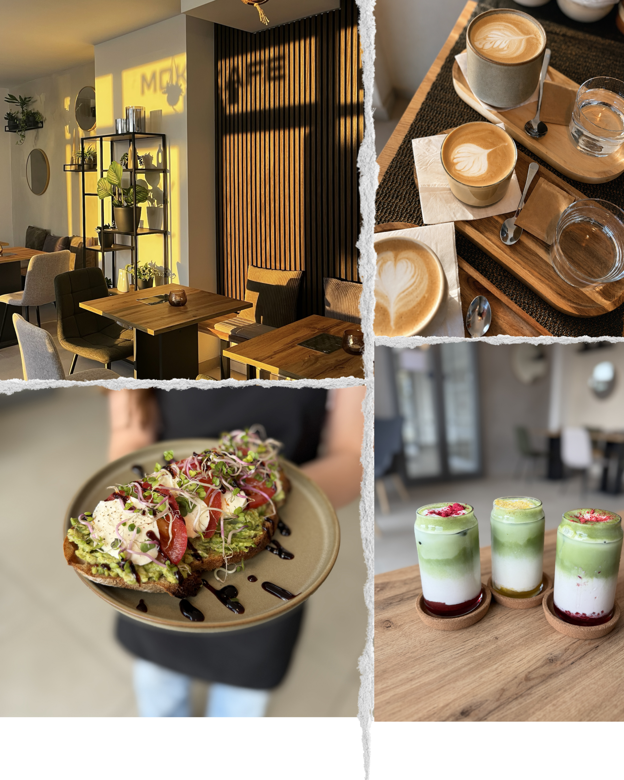 Šálek kávy s latte art a karamelový cheesecake na dřevěném prkénku